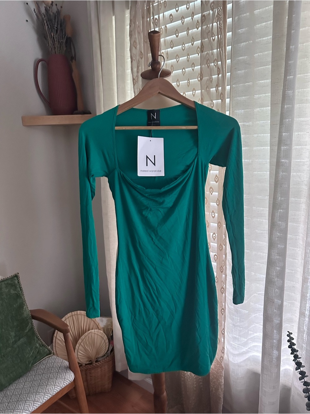 naked wardrobe Emerald Green Long Sleeve Scoop Neck Bodycon Dress